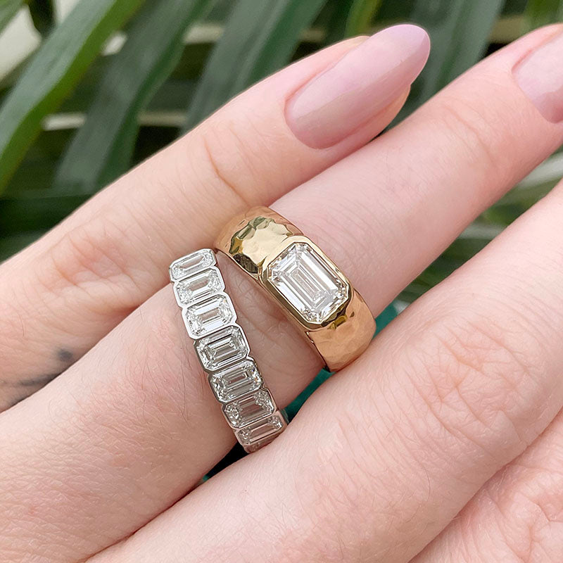 Baguette Radiant Cut Lab Diamond Wedding Band Sets In Rose Gold