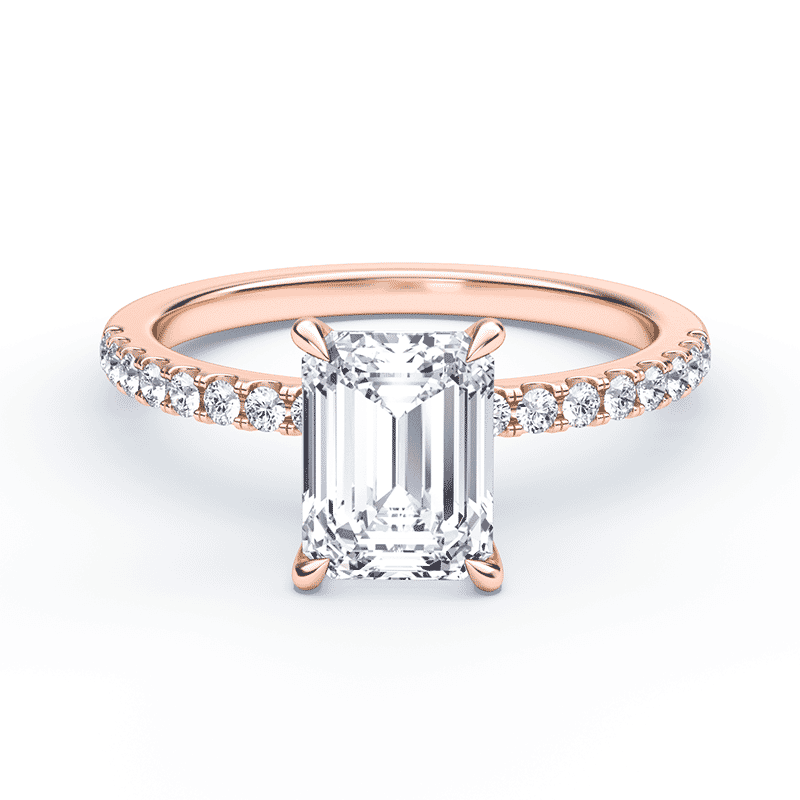 Pave Rose Gold Low Profile Emerald Cut Engagement Ring – Plum Diamonds