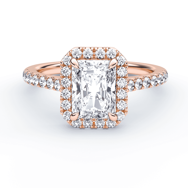 Pave Rose Gold Radiant Cut Halo Engagement Ring – Plum Diamonds